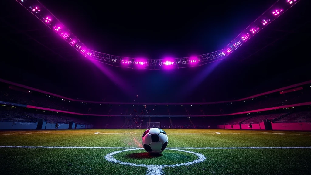 An empty floodlit pitch at night with a ball on the penalty spot