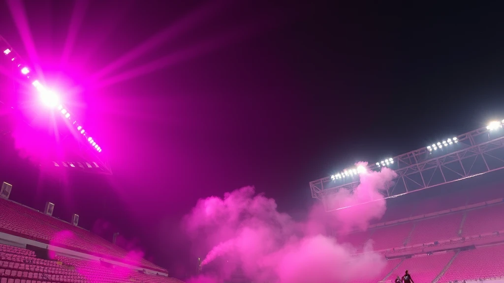 Smoke rolling across empty terraces with plain flags
