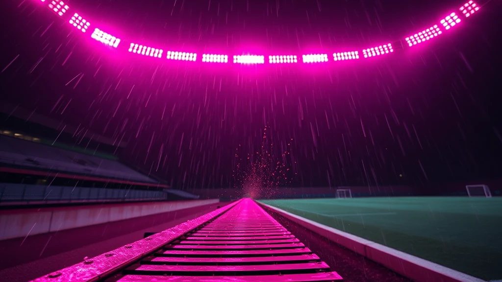 An empty dugout bench in driving rain