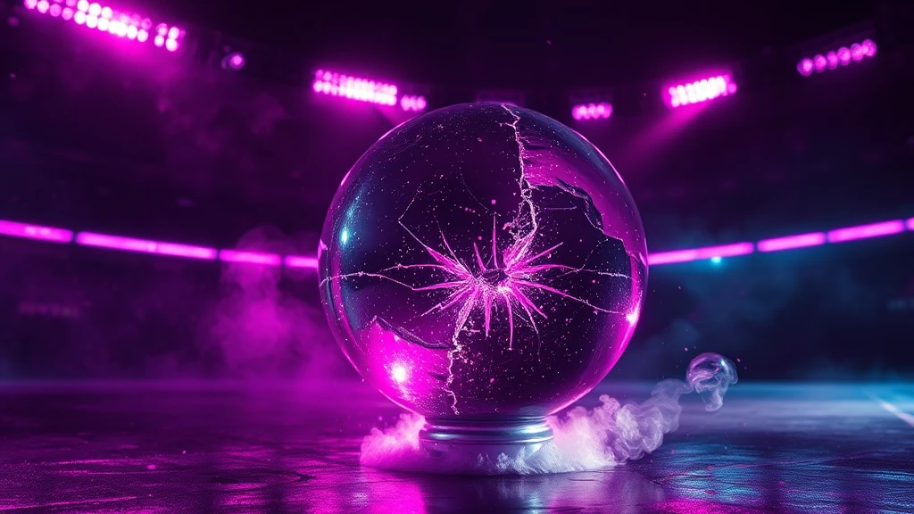 A cracked crystal ball lit by pink neon on a dark reflective floor